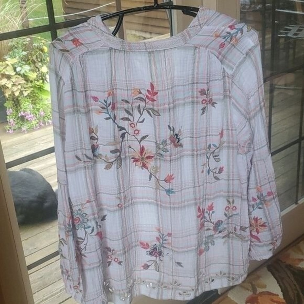 Johnny Was Workshop Embroidered Plaid Eyelet Tassel Blouse White Pink Large - Picture 9 of 16